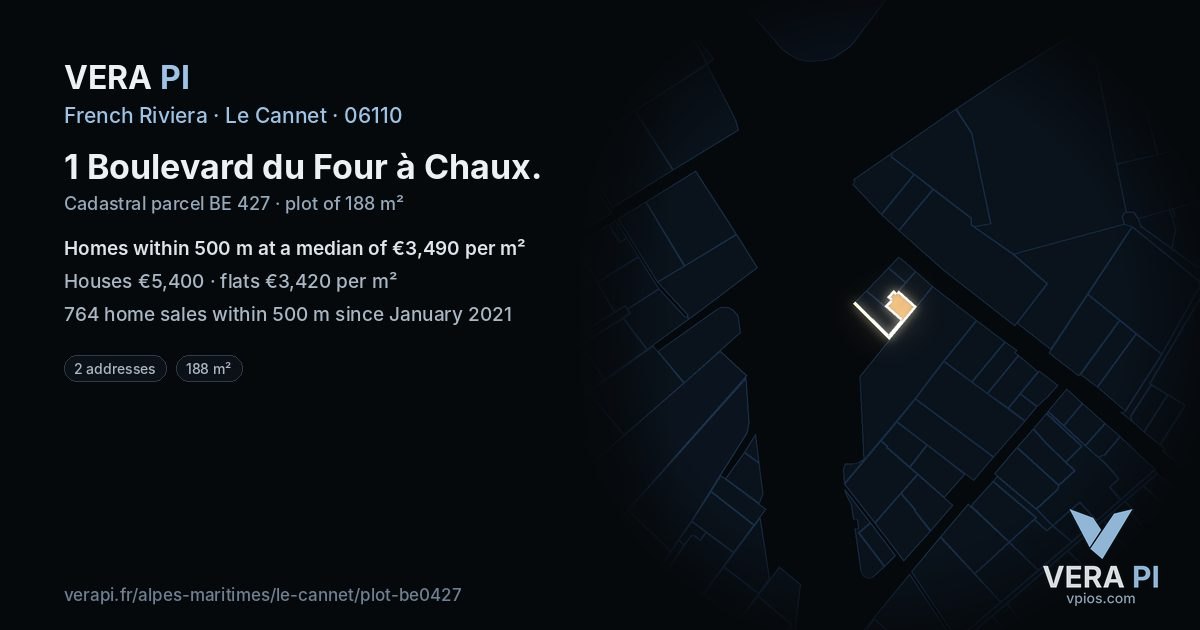 1 Boulevard du Four à Chaux, Le Cannet at night – the plot lit, the parcels around coloured by the prices near them