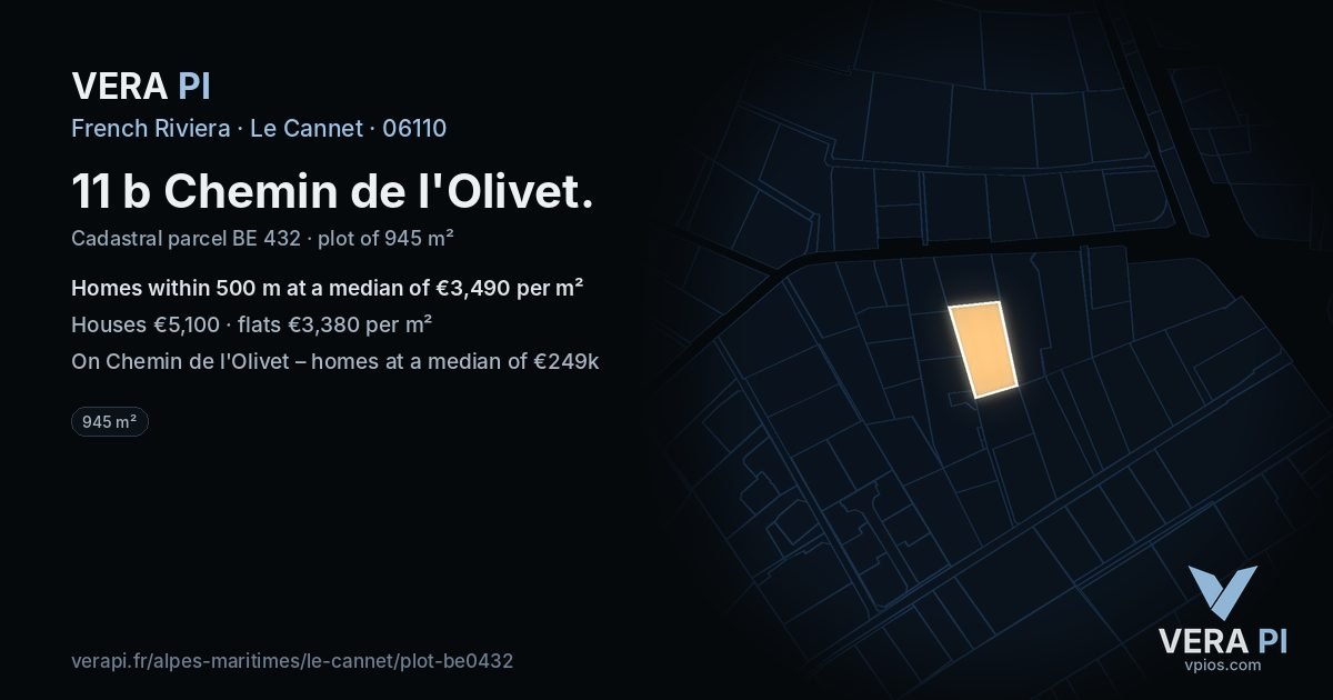11 b Chemin de l'Olivet, Le Cannet at night – the plot lit, the parcels around coloured by the prices near them