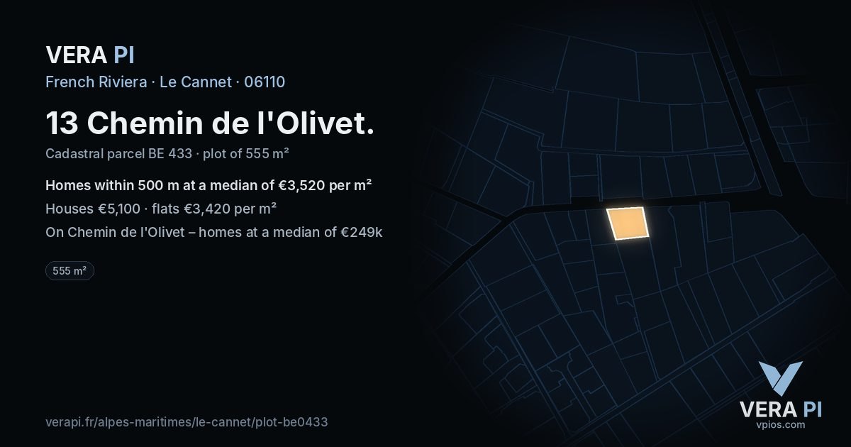 13 Chemin de l'Olivet, Le Cannet at night – the plot lit, the parcels around coloured by the prices near them