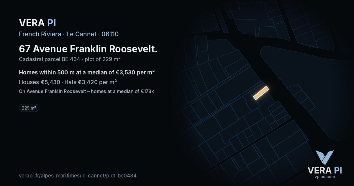67 Avenue Franklin Roosevelt, Le Cannet at night – the plot lit, the parcels around coloured by the prices near them