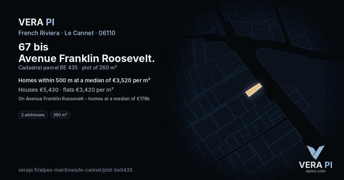 67 bis Avenue Franklin Roosevelt, Le Cannet at night – the plot lit, the parcels around coloured by the prices near them