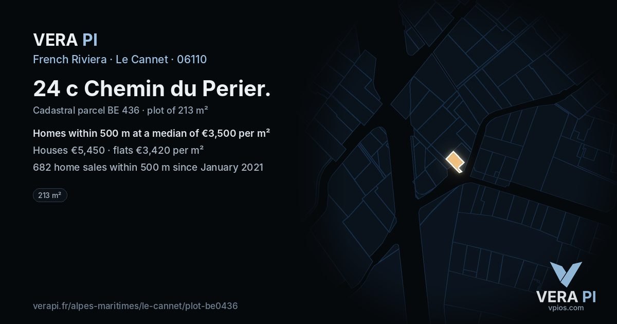 24 c Chemin du Perier, Le Cannet at night – the plot lit, the parcels around coloured by the prices near them