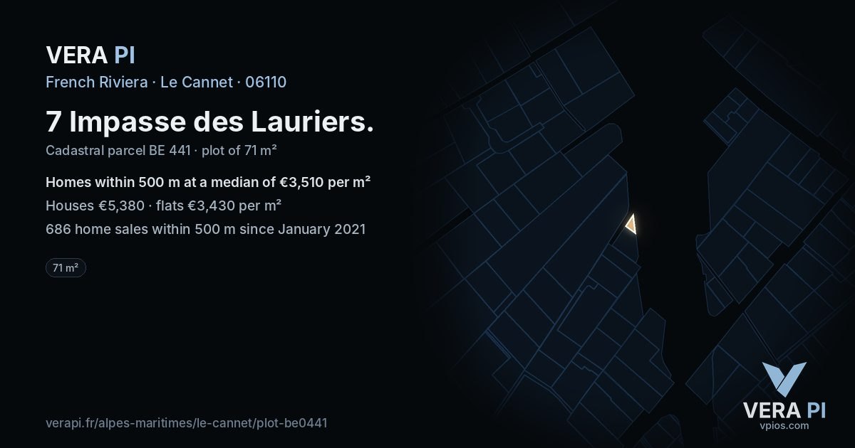 7 Impasse des Lauriers, Le Cannet at night – the plot lit, the parcels around coloured by the prices near them