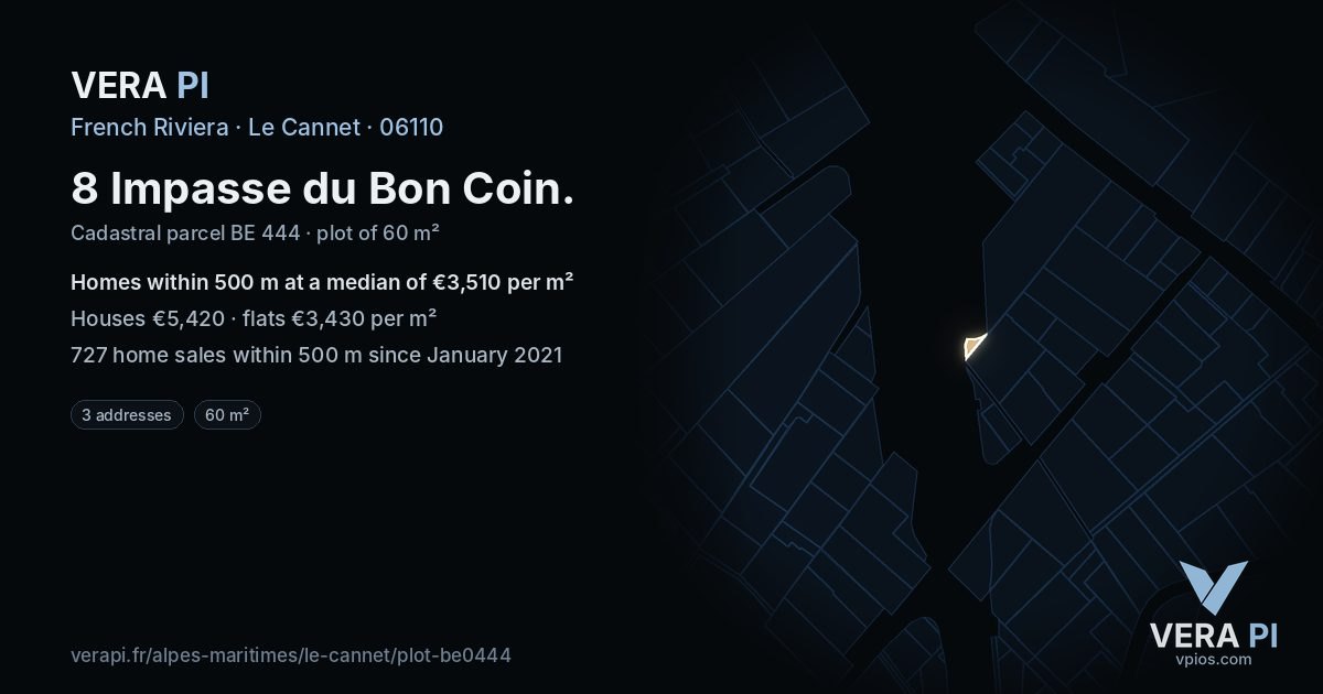 8 Impasse du Bon Coin, Le Cannet at night – the plot lit, the parcels around coloured by the prices near them
