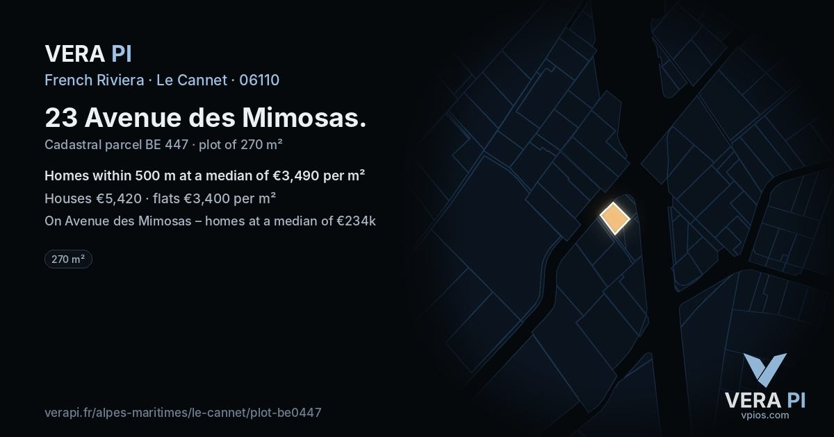 23 Avenue des Mimosas, Le Cannet at night – the plot lit, the parcels around coloured by the prices near them