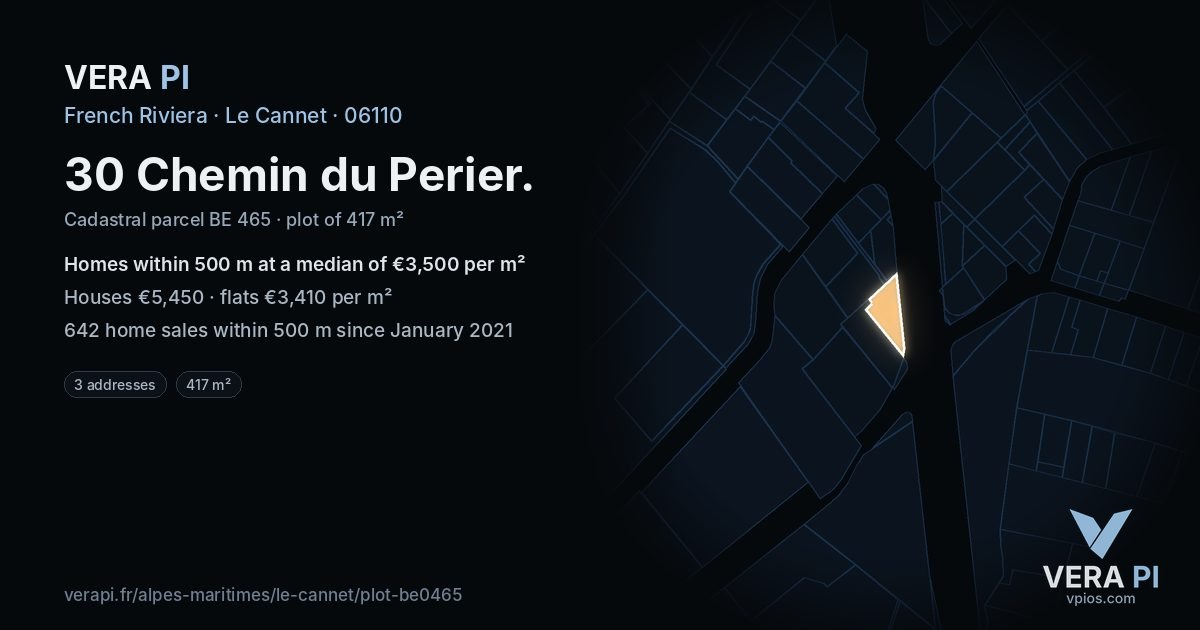 30 Chemin du Perier, Le Cannet at night – the plot lit, the parcels around coloured by the prices near them