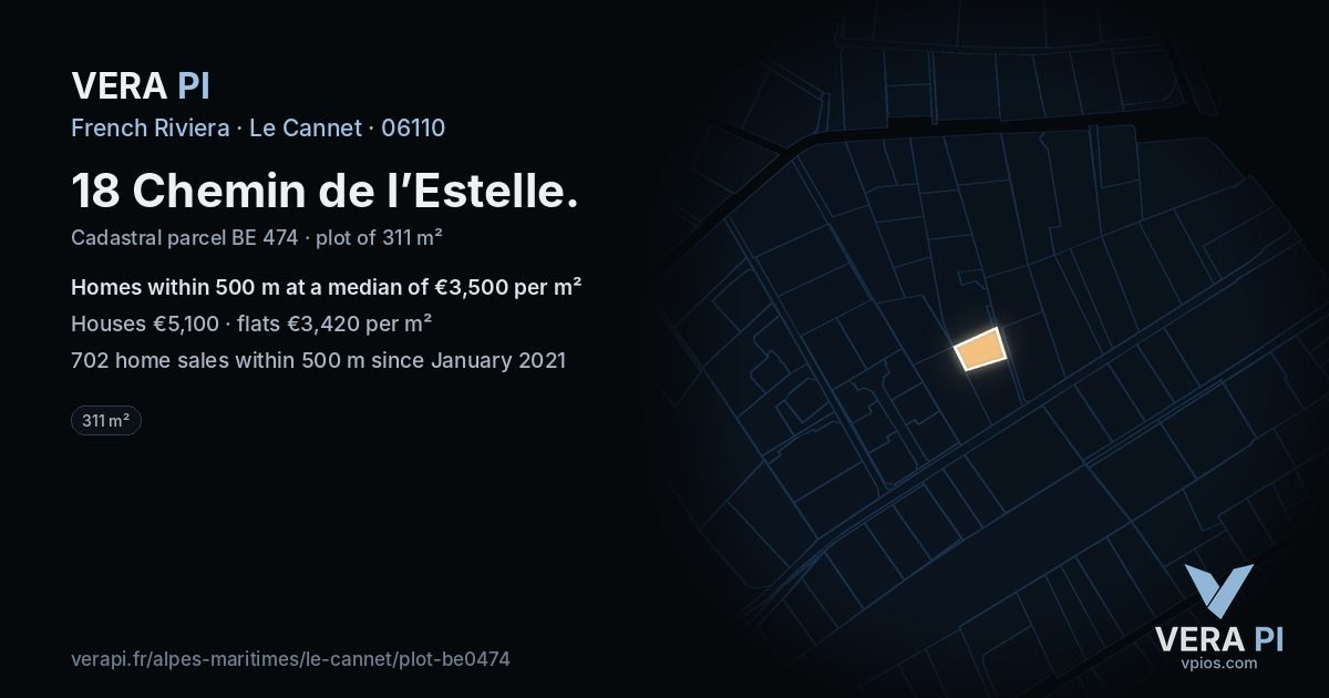 18 Chemin de l’Estelle, Le Cannet at night – the plot lit, the parcels around coloured by the prices near them