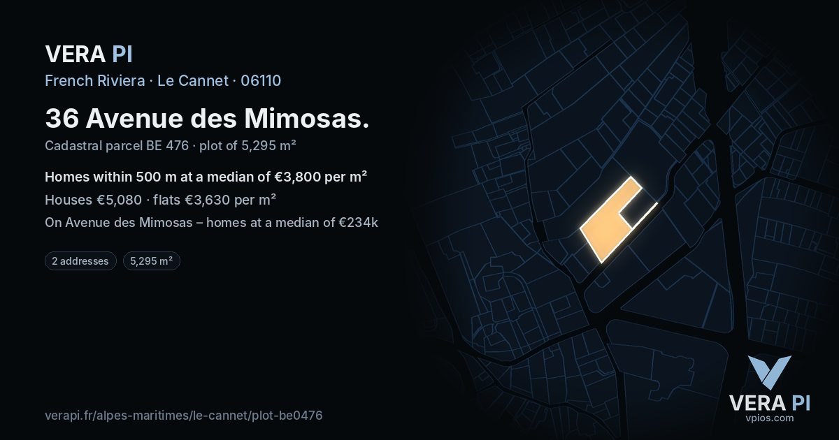36 Avenue des Mimosas, Le Cannet at night – the plot lit, the parcels around coloured by the prices near them