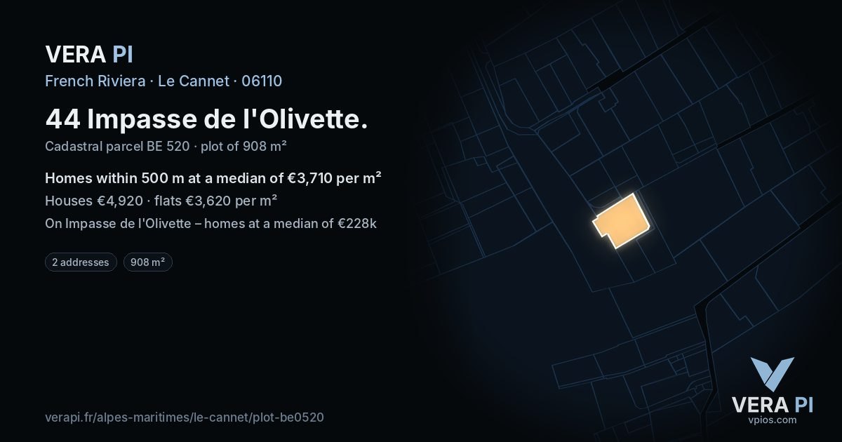 44 Impasse de l'Olivette, Le Cannet at night – the plot lit, the parcels around coloured by the prices near them