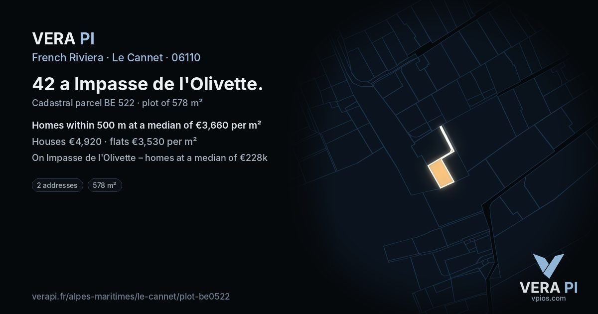 42 a Impasse de l'Olivette, Le Cannet at night – the plot lit, the parcels around coloured by the prices near them