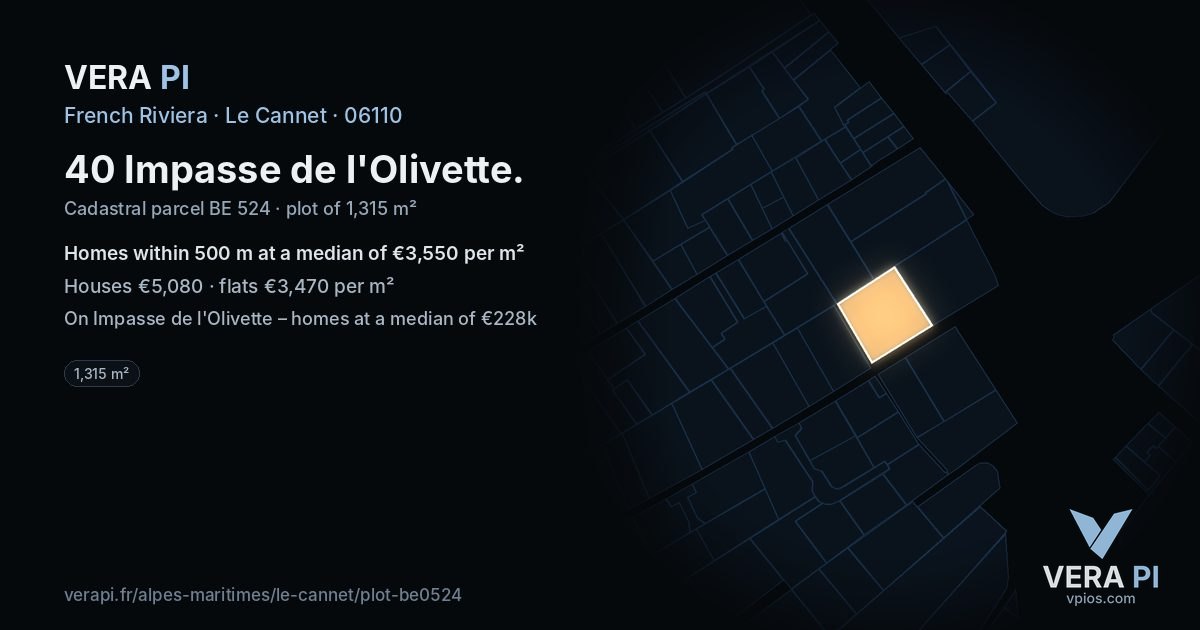 40 Impasse de l'Olivette, Le Cannet at night – the plot lit, the parcels around coloured by the prices near them