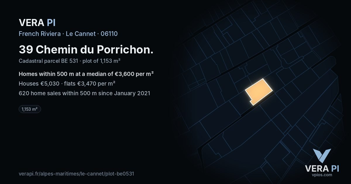 39 Chemin du Porrichon, Le Cannet at night – the plot lit, the parcels around coloured by the prices near them