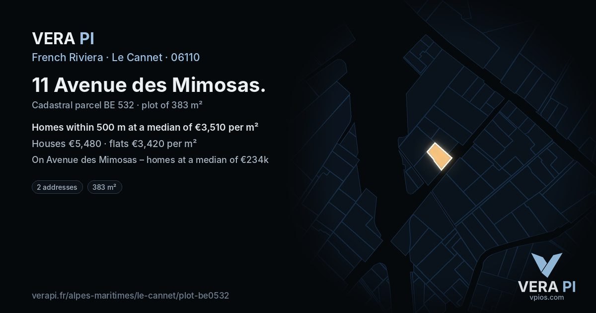 11 Avenue des Mimosas, Le Cannet at night – the plot lit, the parcels around coloured by the prices near them
