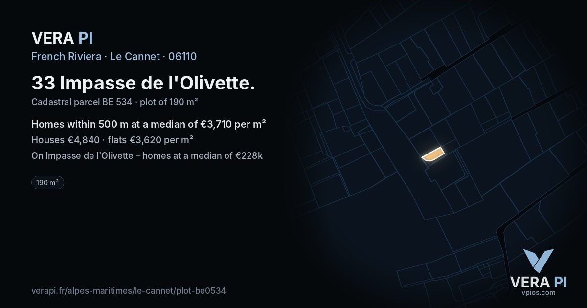 33 Impasse de l'Olivette, Le Cannet at night – the plot lit, the parcels around coloured by the prices near them