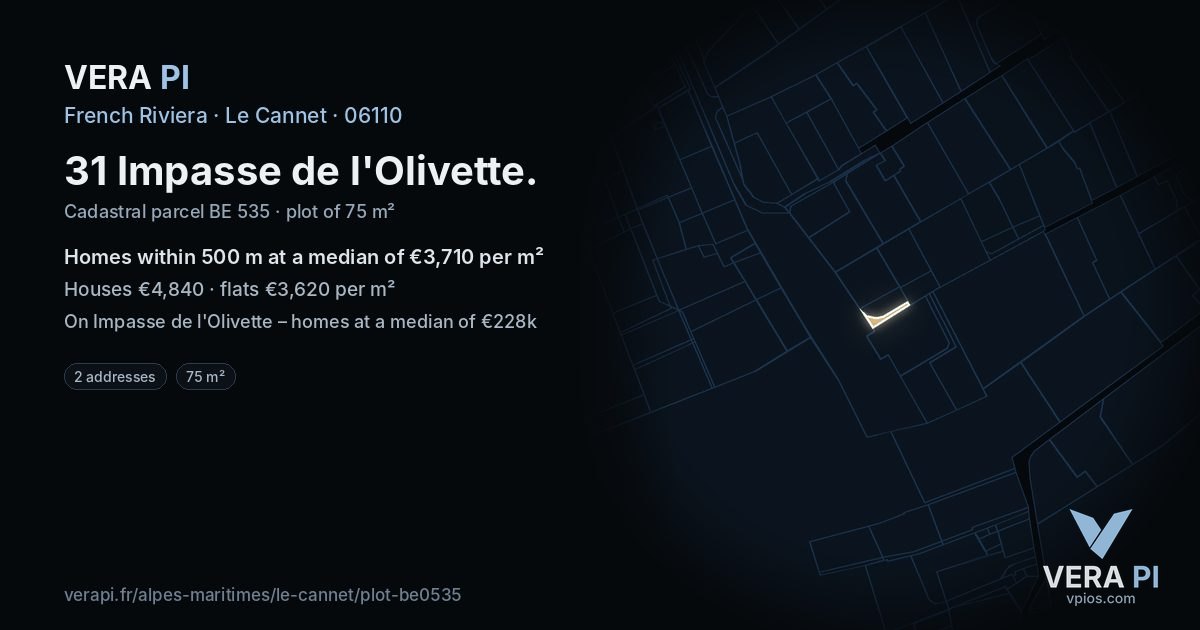 31 Impasse de l'Olivette, Le Cannet at night – the plot lit, the parcels around coloured by the prices near them