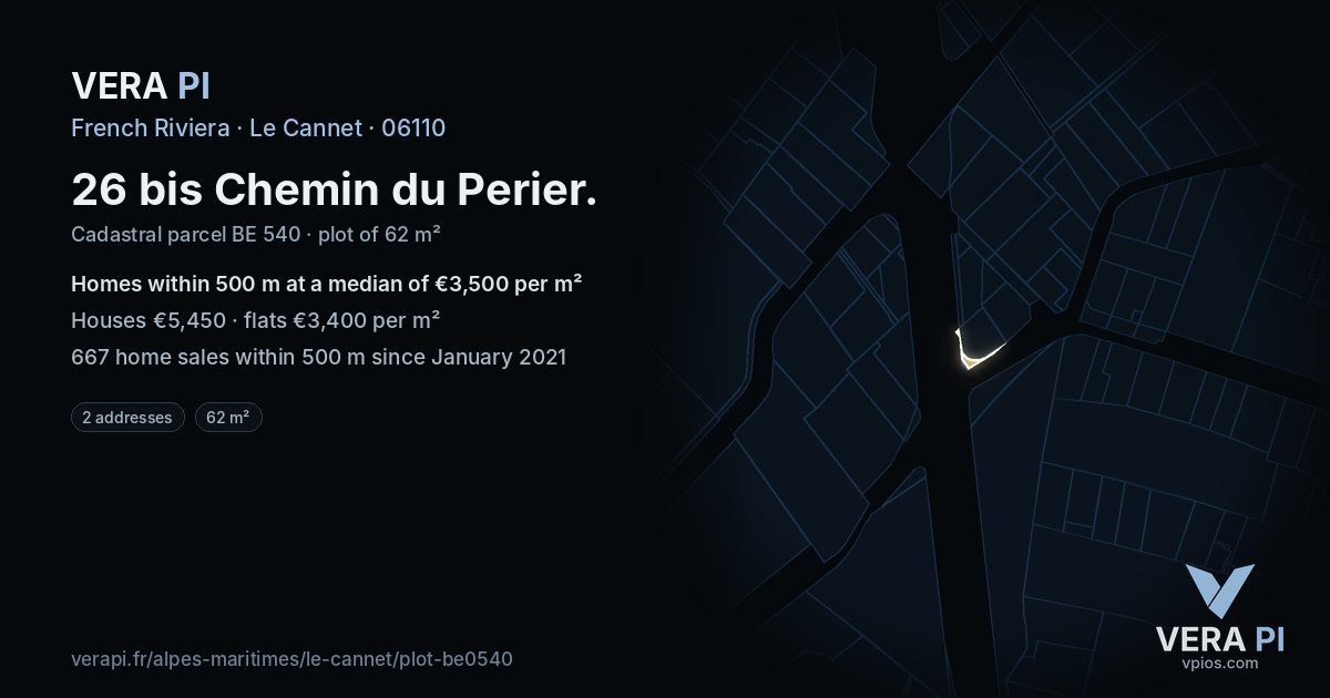 26 bis Chemin du Perier, Le Cannet at night – the plot lit, the parcels around coloured by the prices near them