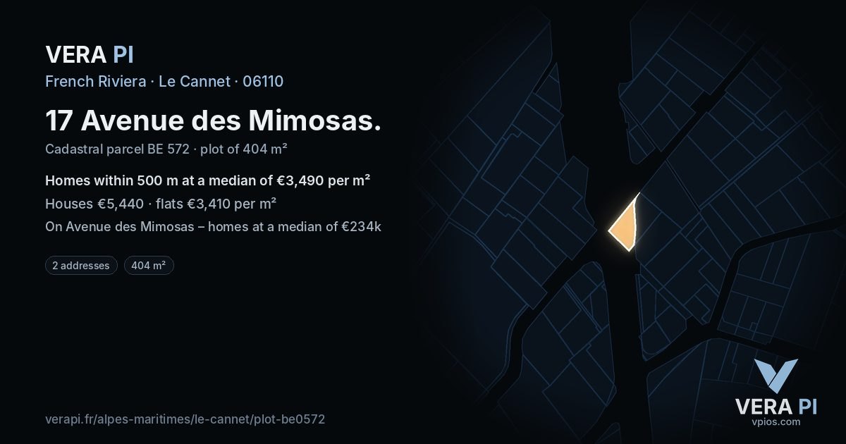 17 Avenue des Mimosas, Le Cannet at night – the plot lit, the parcels around coloured by the prices near them