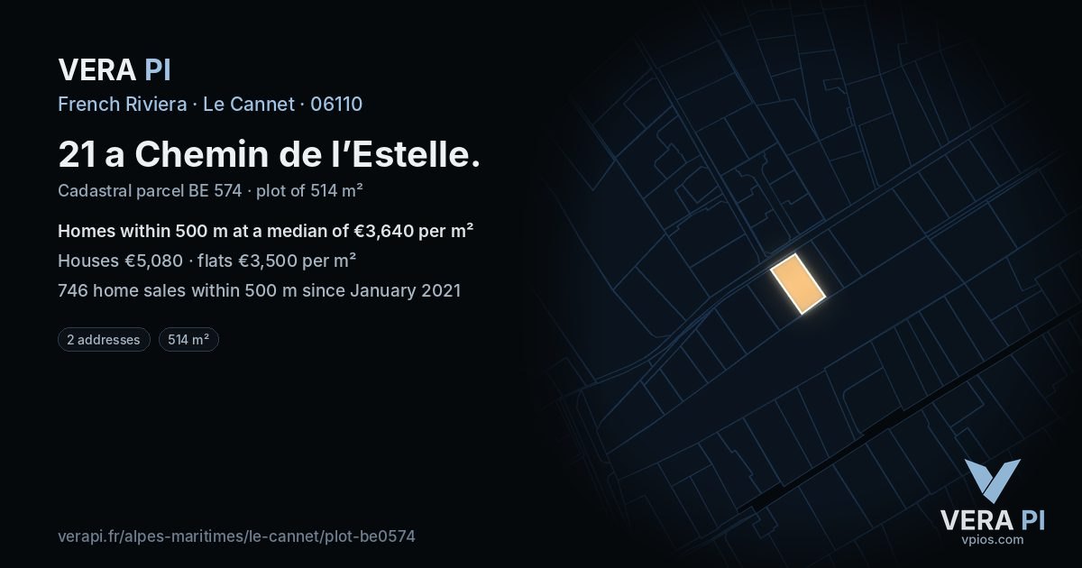 21 a Chemin de l’Estelle, Le Cannet at night – the plot lit, the parcels around coloured by the prices near them