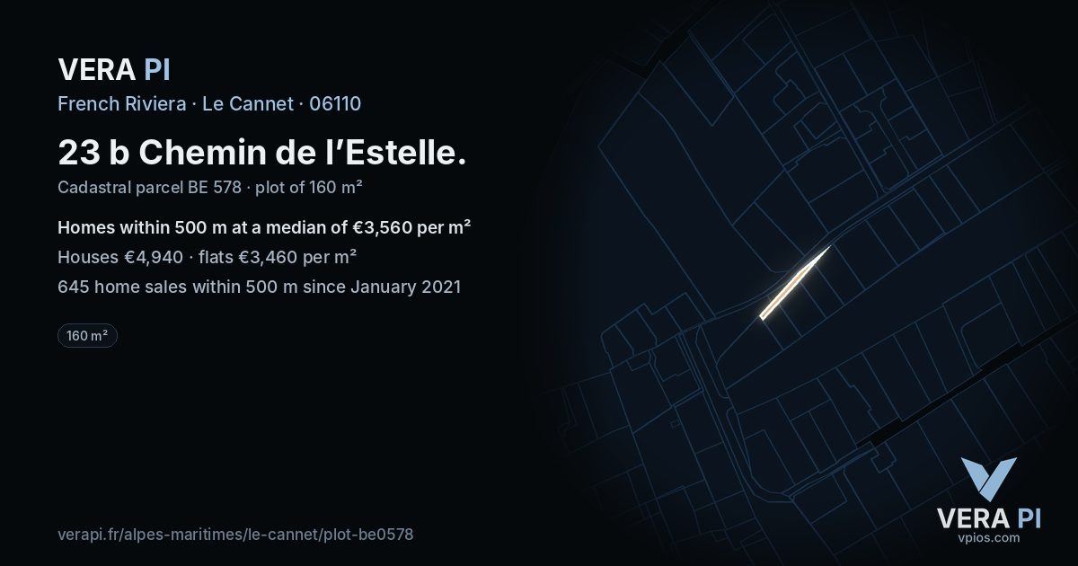 23 b Chemin de l’Estelle, Le Cannet at night – the plot lit, the parcels around coloured by the prices near them