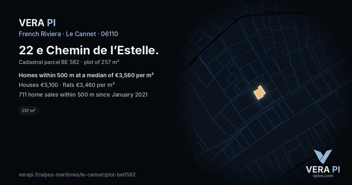 22 e Chemin de l’Estelle, Le Cannet at night – the plot lit, the parcels around coloured by the prices near them