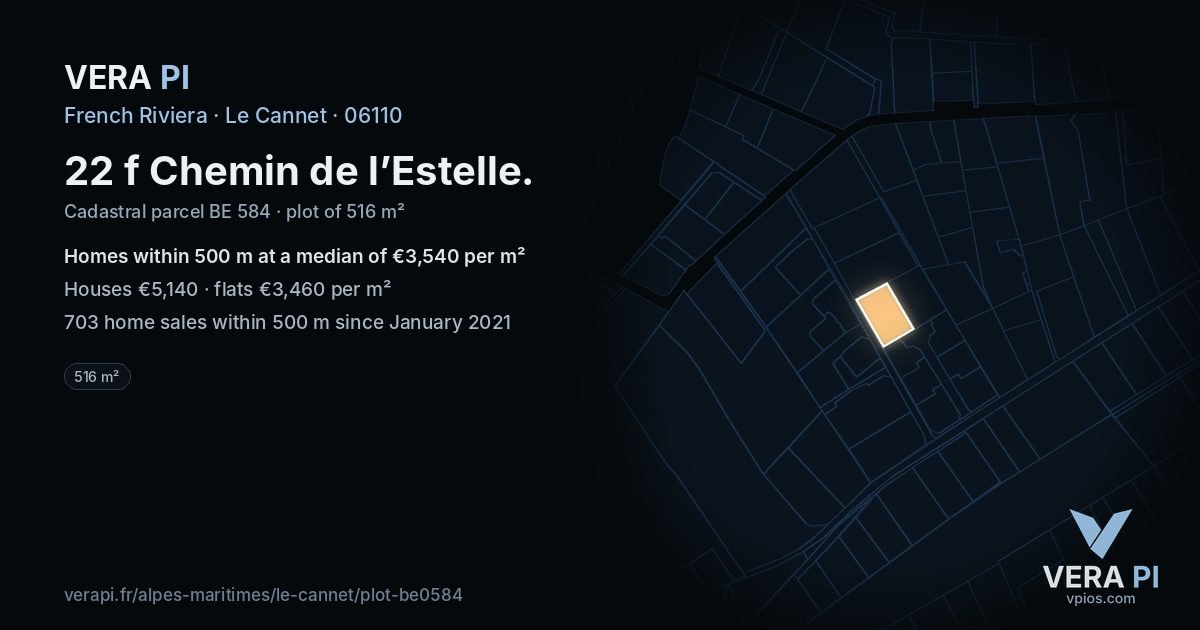 22 f Chemin de l’Estelle, Le Cannet at night – the plot lit, the parcels around coloured by the prices near them