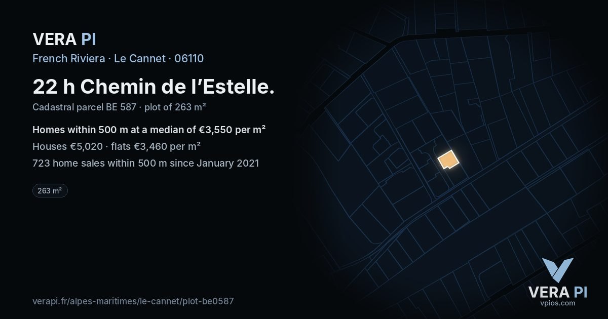 22 h Chemin de l’Estelle, Le Cannet at night – the plot lit, the parcels around coloured by the prices near them