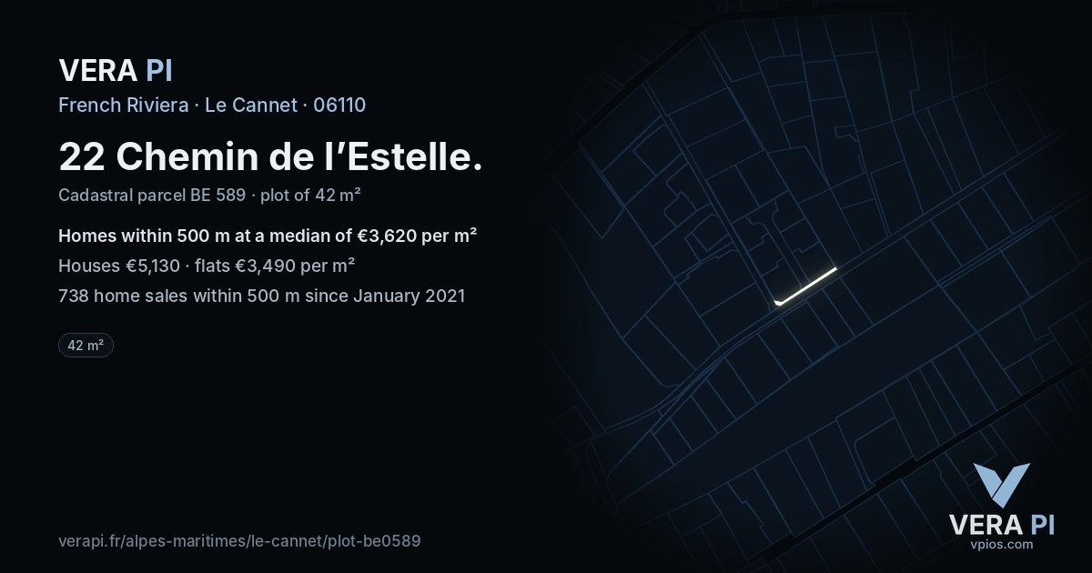 22 Chemin de l’Estelle, Le Cannet at night – the plot lit, the parcels around coloured by the prices near them