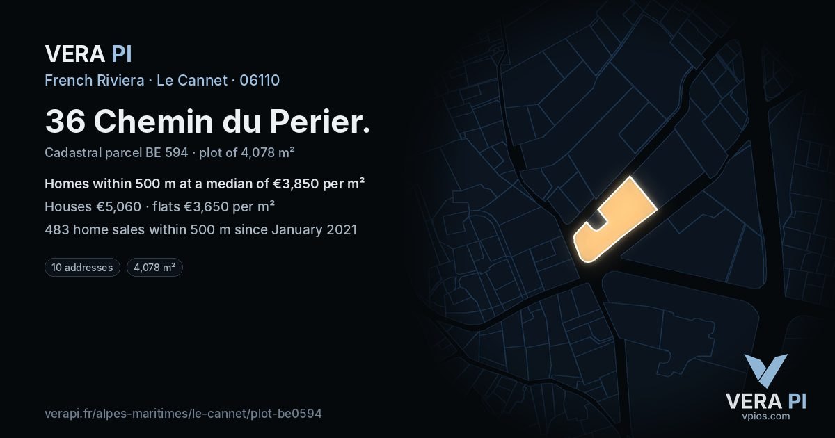 36 Chemin du Perier, Le Cannet at night – the plot lit, the parcels around coloured by the prices near them