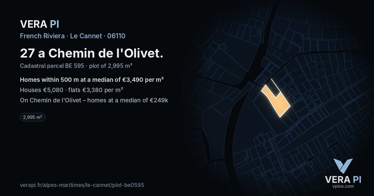 27 a Chemin de l'Olivet, Le Cannet at night – the plot lit, the parcels around coloured by the prices near them