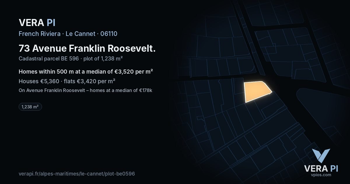 73 Avenue Franklin Roosevelt, Le Cannet at night – the plot lit, the parcels around coloured by the prices near them