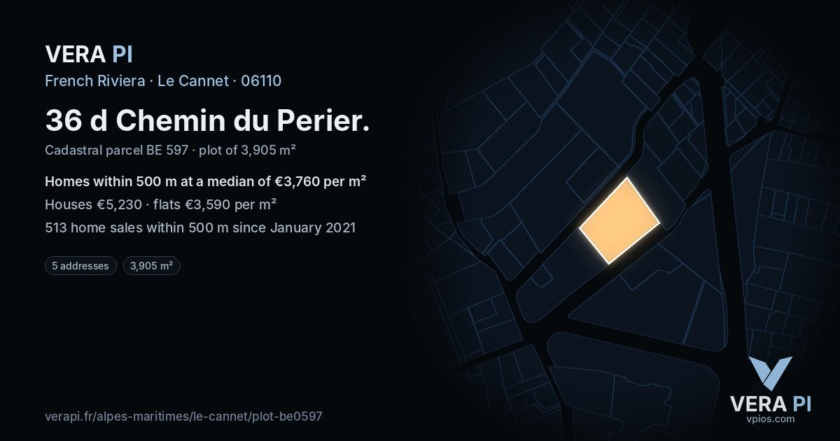 36 d Chemin du Perier, Le Cannet at night – the plot lit, the parcels around coloured by the prices near them