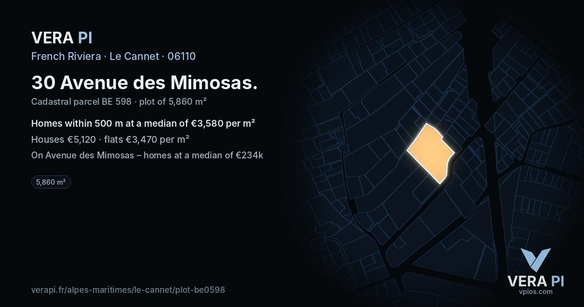 30 Avenue des Mimosas, Le Cannet at night – the plot lit, the parcels around coloured by the prices near them