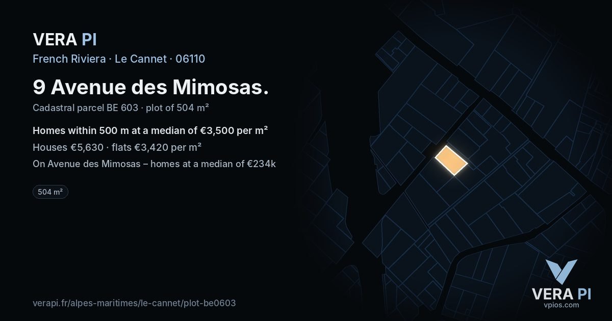 9 Avenue des Mimosas, Le Cannet at night – the plot lit, the parcels around coloured by the prices near them
