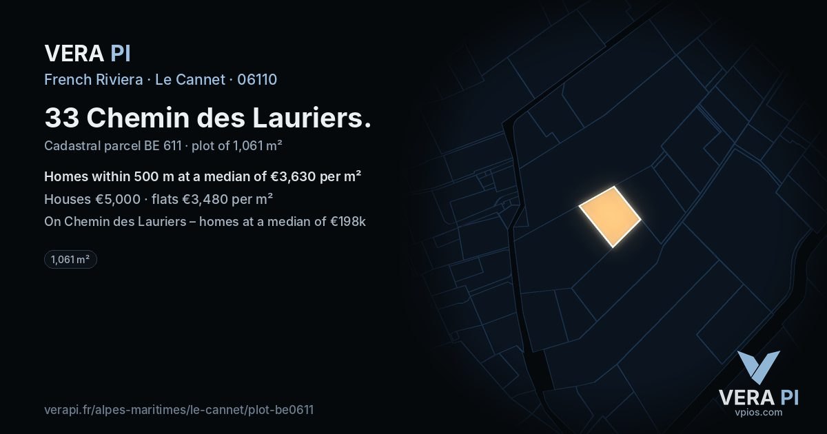33 Chemin des Lauriers, Le Cannet at night – the plot lit, the parcels around coloured by the prices near them