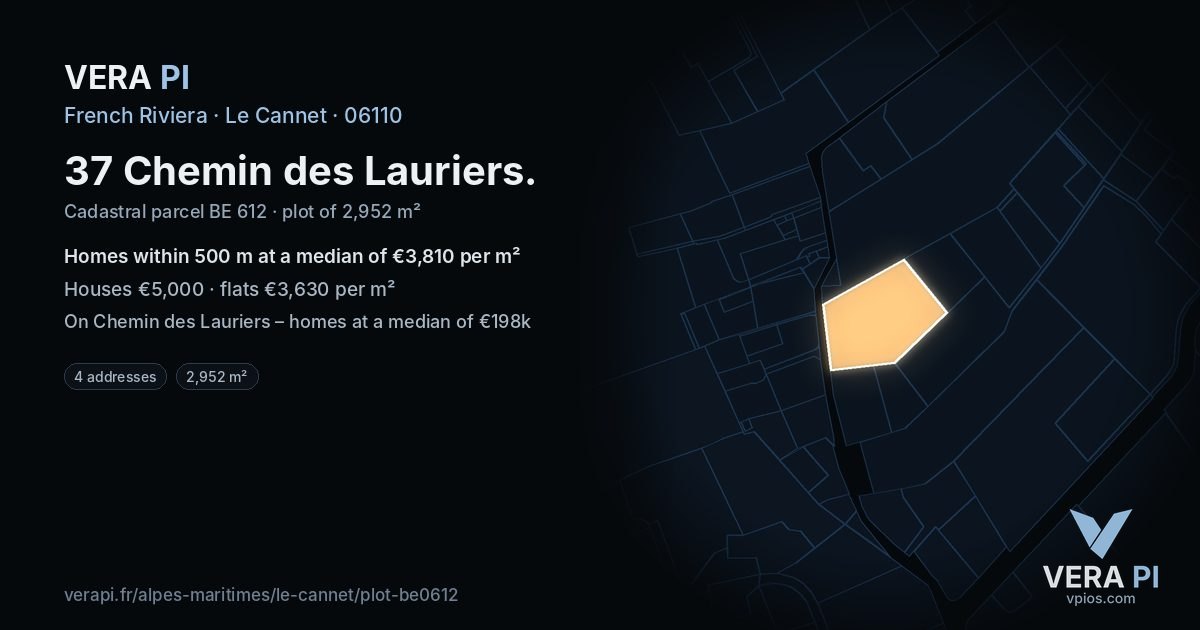37 Chemin des Lauriers, Le Cannet at night – the plot lit, the parcels around coloured by the prices near them