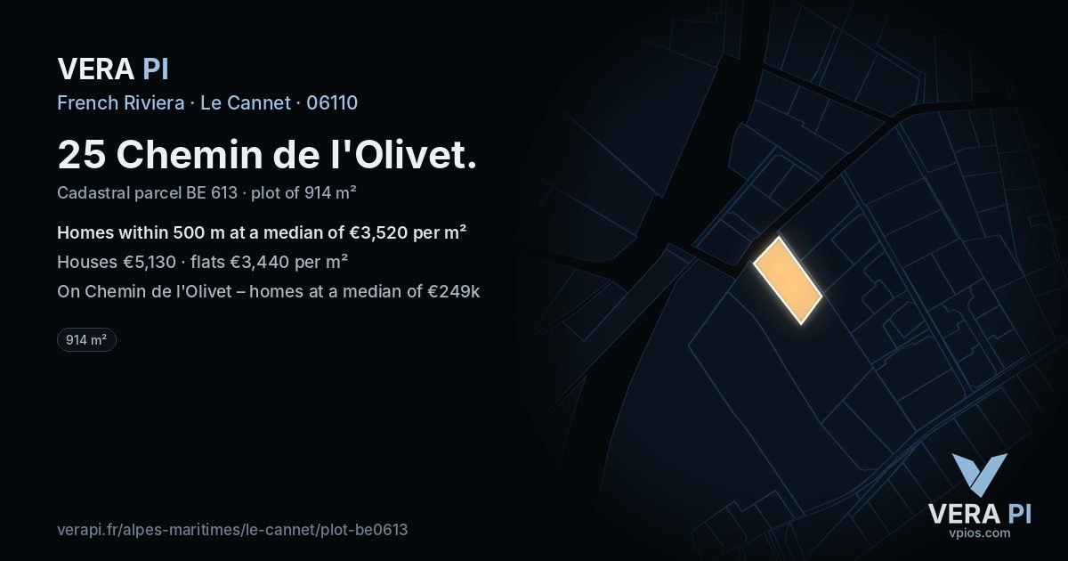 25 Chemin de l'Olivet, Le Cannet at night – the plot lit, the parcels around coloured by the prices near them