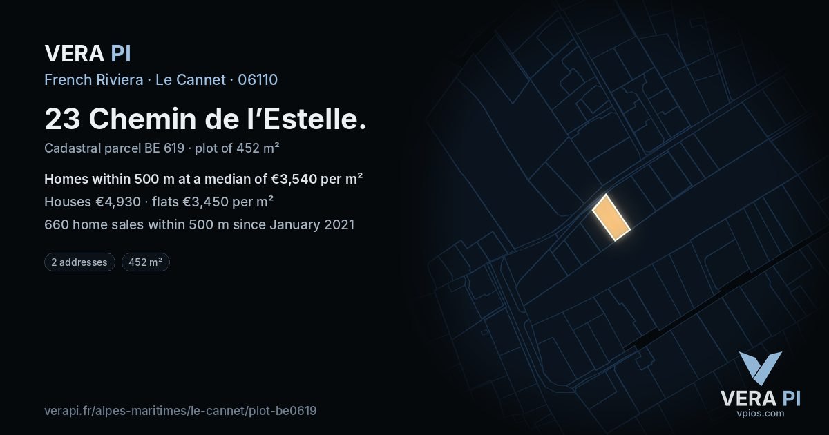 23 Chemin de l’Estelle, Le Cannet at night – the plot lit, the parcels around coloured by the prices near them