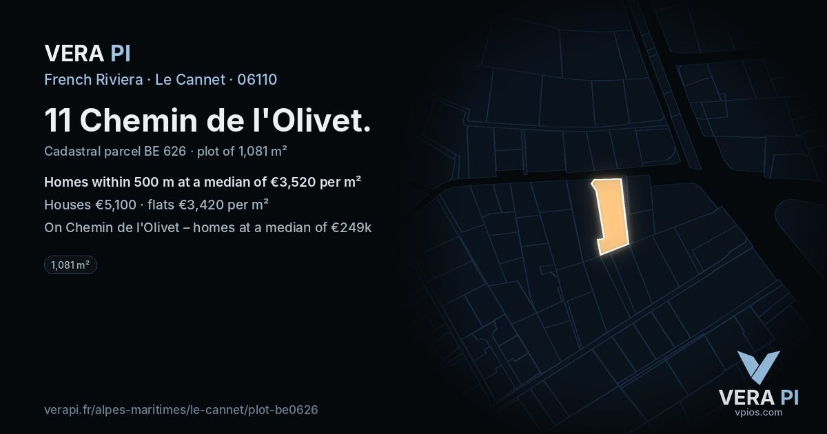 11 Chemin de l'Olivet, Le Cannet at night – the plot lit, the parcels around coloured by the prices near them