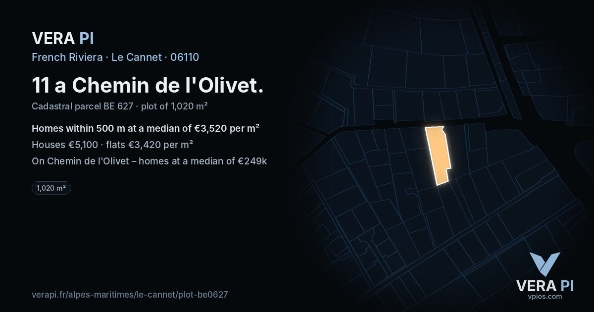 11 a Chemin de l'Olivet, Le Cannet at night – the plot lit, the parcels around coloured by the prices near them