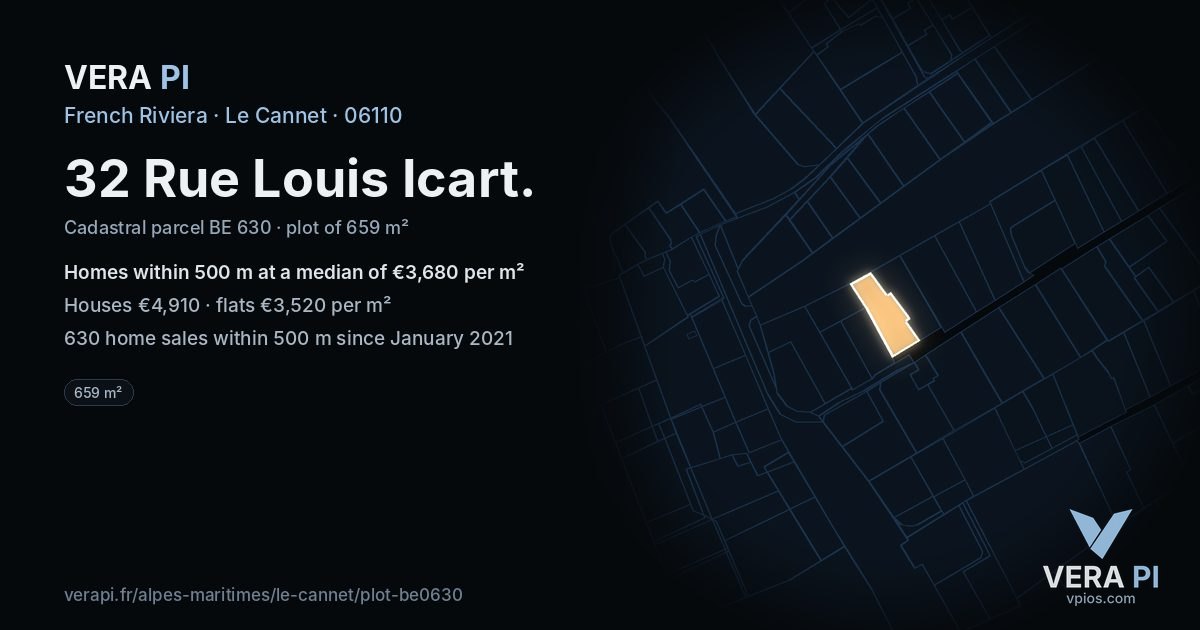 32 Rue Louis Icart, Le Cannet at night – the plot lit, the parcels around coloured by the prices near them