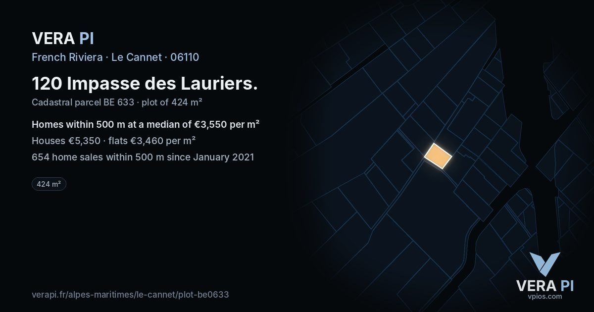 120 Impasse des Lauriers, Le Cannet at night – the plot lit, the parcels around coloured by the prices near them