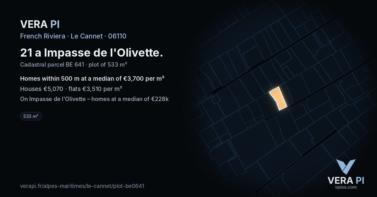 21 a Impasse de l'Olivette, Le Cannet at night – the plot lit, the parcels around coloured by the prices near them