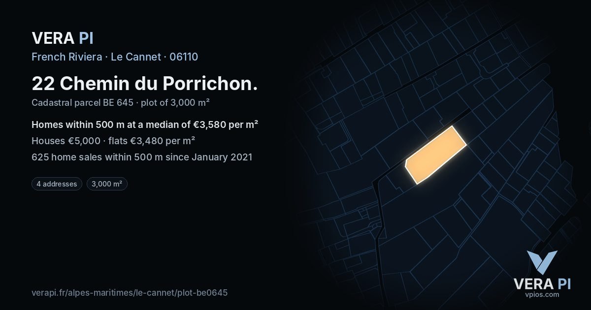 22 Chemin du Porrichon, Le Cannet at night – the plot lit, the parcels around coloured by the prices near them