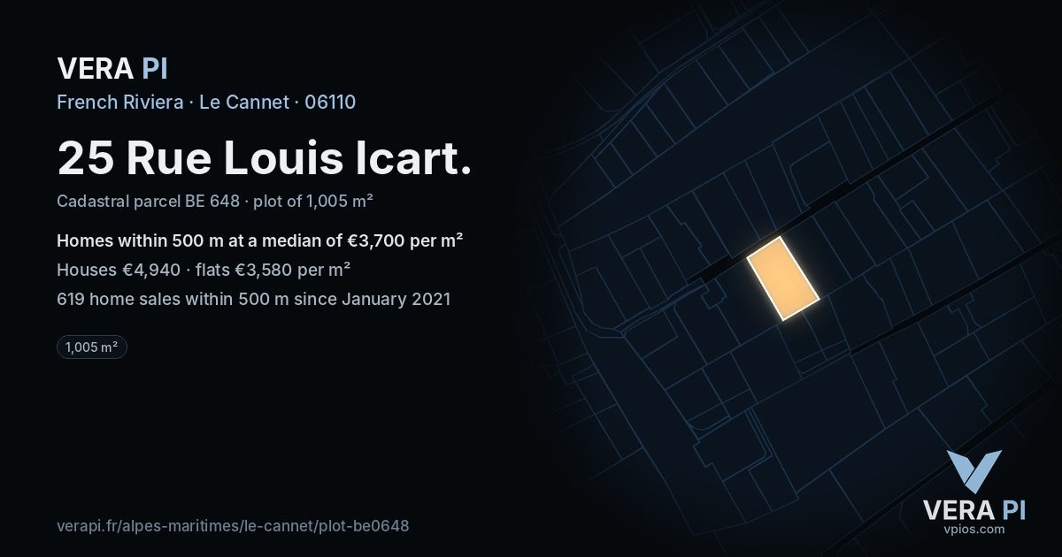 25 Rue Louis Icart, Le Cannet at night – the plot lit, the parcels around coloured by the prices near them