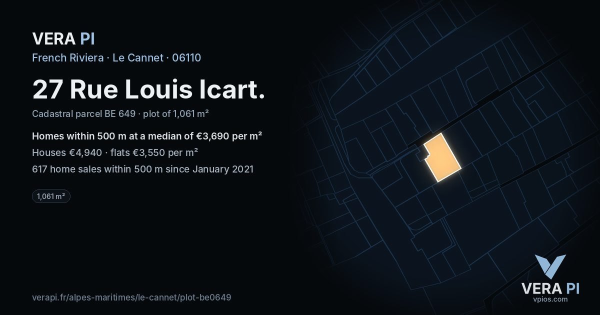 27 Rue Louis Icart, Le Cannet at night – the plot lit, the parcels around coloured by the prices near them