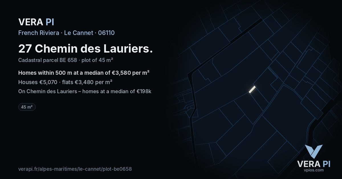 27 Chemin des Lauriers, Le Cannet at night – the plot lit, the parcels around coloured by the prices near them