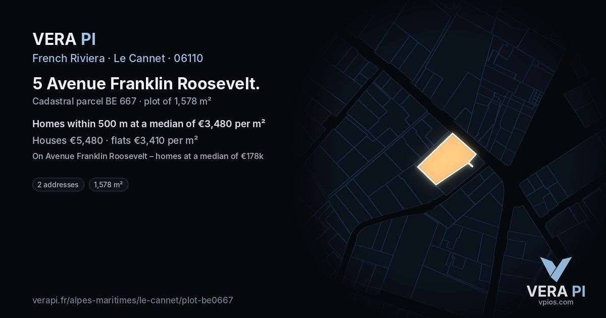 5 Avenue Franklin Roosevelt, Le Cannet at night – the plot lit, the parcels around coloured by the prices near them