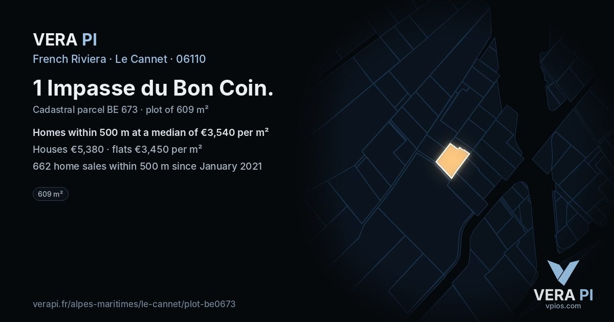 1 Impasse du Bon Coin, Le Cannet at night – the plot lit, the parcels around coloured by the prices near them