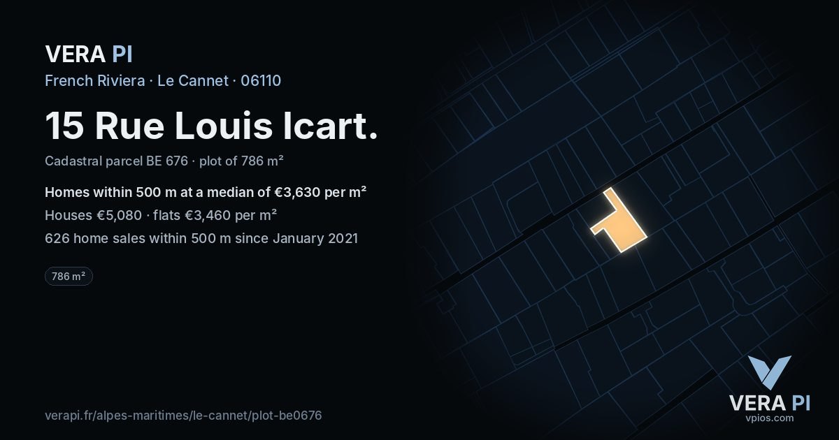 15 Rue Louis Icart, Le Cannet at night – the plot lit, the parcels around coloured by the prices near them