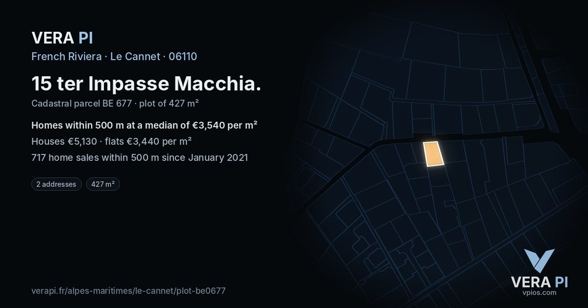 15 ter Impasse Macchia, Le Cannet at night – the plot lit, the parcels around coloured by the prices near them
